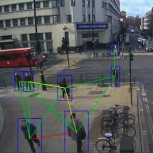 A view from a scanning device matching paths between scanned objects/people.