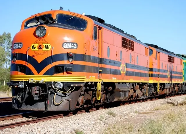 Orange and black GM43 diesel locomotive on railway tracks, in a sunny rural setting with trees in the background.