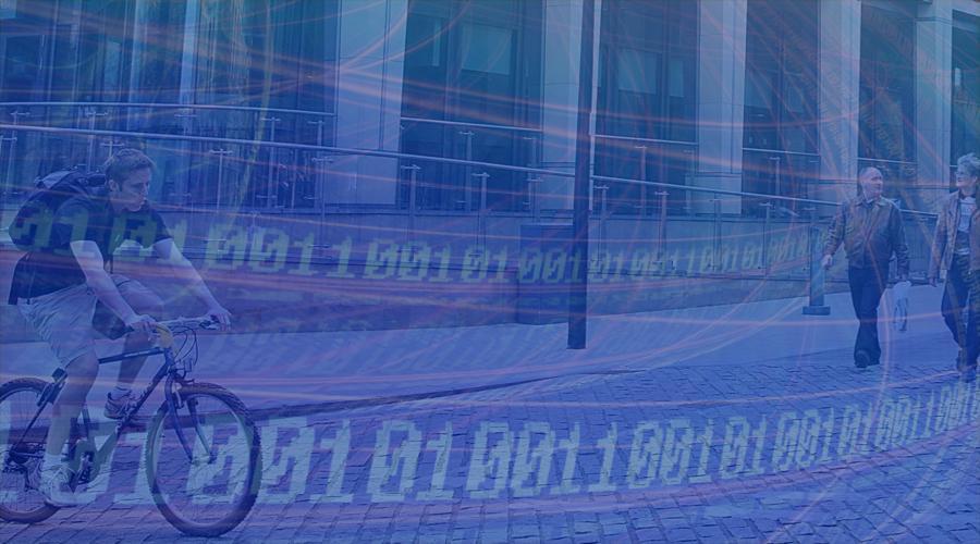 People cycling with numeric data overlayed in a banner format.