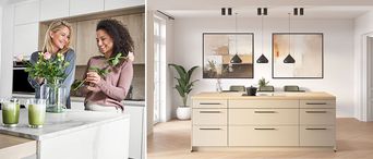 Collage: Zwei Frauen in einer modernen Küche in Marmor-Optik und beige Inselküche mit offenem Essbereich.