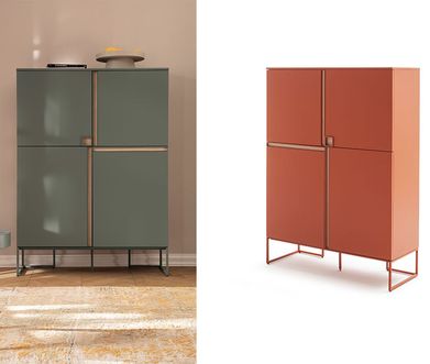Modernes Highboard in zwei unterschiedlichen Farben, Jade-Grün und Tabasco-Rot