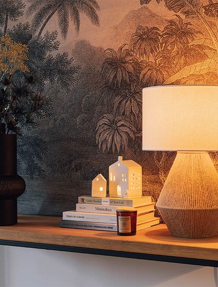 Sideboard mit Vasen, Büchern und Tischleuchte dekoriert.