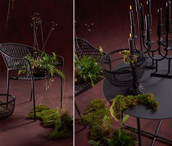 Minimalistische Gartenmöbel: Schwarzer Gartentisch aus Metall mit Gartenstuhl aus Rope und Metall.