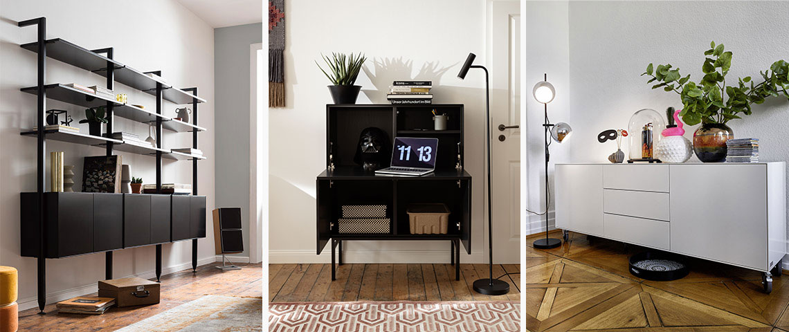 Drei Bilder der Möbelserie RAUM.FREUNDE Edge in verschiedenen Ausführungen: Wandregal, Highboard und Sideboard.