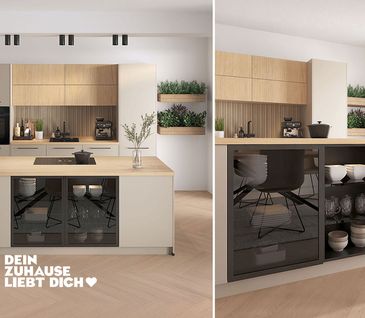 Moderne Inselküche in Beige mit hellen Holzelementen und schwarzen Akzenten.