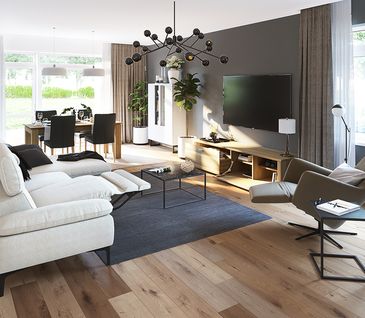 Wohnzimmer mit weißem Ecksofa mit ausgefahrenem Fußteil und Relaxsessel vor Lowboard aus Massivholz