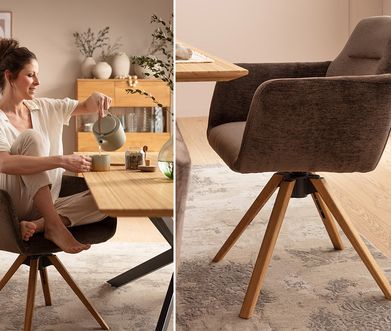 Esszimmerstuhl mit braunem Stoffbezug.