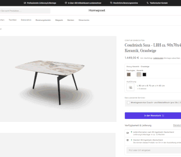 Ablauf der Möbelhaussuche auf Produktseite eines Möbelstücks.