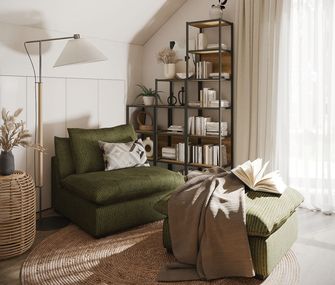 Dunkelgrüner Sessel mit dem passenden Hocker und gemustertem Deko-Kissen