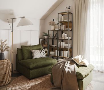 Grüner Hocker vor passendem Sessel aus Cord-Stoff.