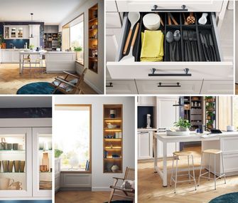 Urban und viel Stauraum: Inselküche mit Tresen in Weiß und Blau. Moderne Inselküche mit Tresen von Schüller für die Stadtwohnung