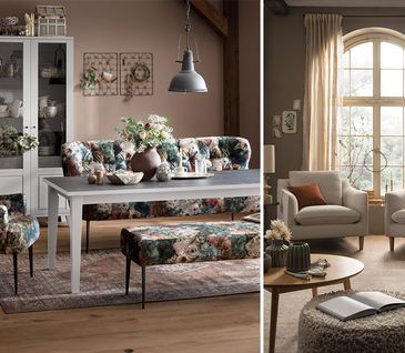 Collage von zwei gemütlichen Wohnzimmern im klassischen Landhausstil.
