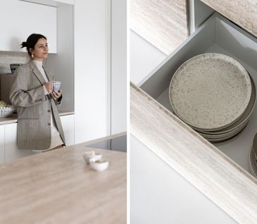 Die Kücheninsel bietet viel Stauraum für Geschirr und Co.