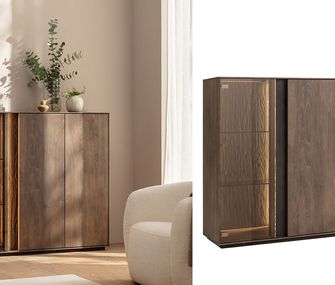 Gestalten Sie Ihr Highboard, wie es Ihnen gefällt im Möbelhaus in Ihrer Nähe. Sideboard aus massivem Buchenholz mit Beleuchtung und Deko in gemütlichem Wohnzimmer.