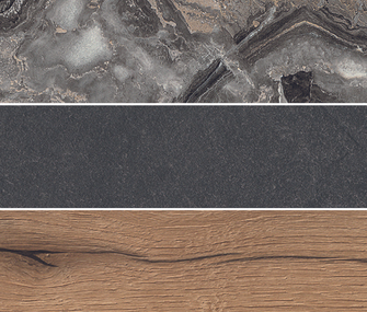 Bildcollage aus Materialien wie Naturstein, Holz und Marmor.