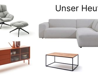 Collage von Möbeln: weißes Sofas, Highboard. Liege, Sessel und Couchtisch.