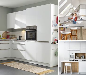 Bildercollage zu den Küchenformen U-Fotm, L-Form und einzeilig mit Kücheninsel