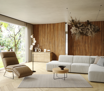 Wohnzimmer in naturfarben mit cremefarbenen Ecksofa Elementos von Global Family Wohnzimmer in naturfarben mit cremefarbenen Ecksofa Elementos von Global Family