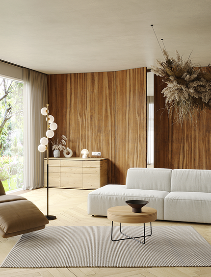 Wohnzimmer in naturfarben mit cremefarbenen Ecksofa Elementos von Global Family