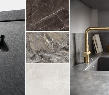 Bildcollage zu Küchenasstattung wie Griffen, Materialien und  Spüle