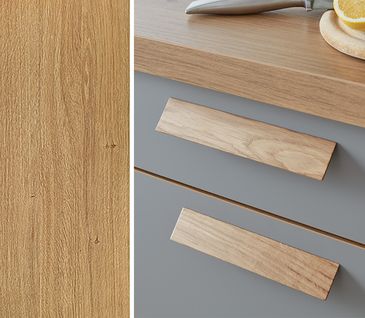 Holz überzeugt auch in der Küche mit seiner warmen Ausstrahlung und einzigartigen Maserung Collage Echtholzfront und Echtholzgriffe