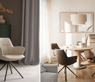 Collage: Esszimmerstühle in beigem und braunem Leder in heller und dunkler Wohnumgebung.