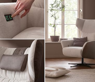 Relaxsessel mit Dreh- und motorisierter Relaxfunktion.