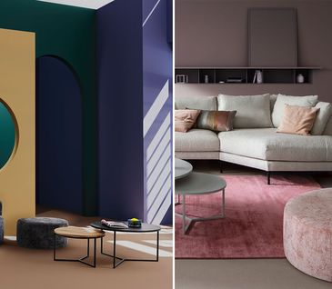 Hocker in verschiedenen Farben in modernen Wohnzimmern.