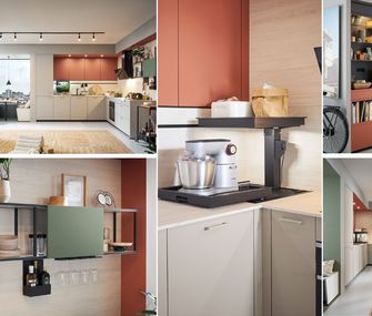Küchen von Schüller ideal für den Familienalltag. Collage einer Familienküche von Schüller in den Farben Beige, Rot und Mintgrün.