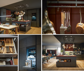 Küchen für Genussmenschen mit Liebe zum (Technik-) Detail Collage einer modernen Inselküche in Anthrazit und Dunkelrot