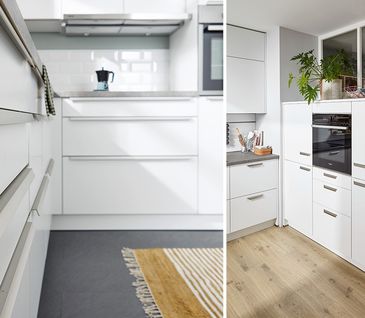 Moderne Küche mit weißen Fronten und LED-Beleuchtung