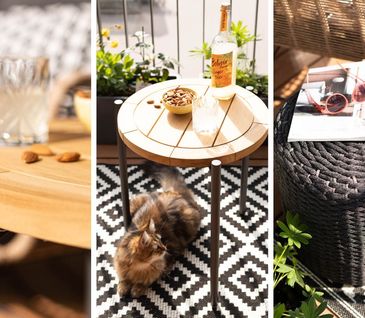 Collage aus drei Bildern: Outdoor-Beistelltisch mit Glasflasche und Outdoorhocker. mit Zeitschrift.