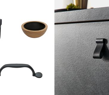 Ledergriffe sind im Trend und werden mit der Zeit immer schöner. Detailaufnahme eines Küchenunterschranks in Steinoptik mit schwarzem Ledergriff und weiteren Griffen.