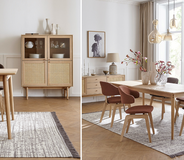 Esszimmer im Skandi-Stil mit Holz-Esstisch und Stühlen in gedeckten Farben.