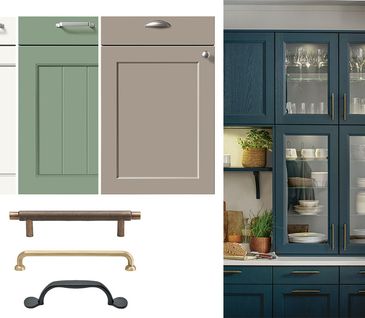 Collage mit Küche im Landhausstil mit verschiedenen Küchenfronten und Griffen.