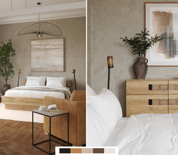 Schlafzimmer im Japandi Stil mit Bett und Kommode aus naturbelassenem Holz mit Sessel in Senfgelb.