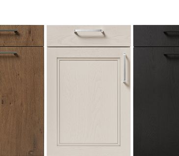 Collage von Küchenfronten mit verschiedenen Griffen und unterschiedlichen Holzoptiken