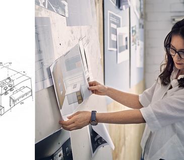 Bildcollage einer Küchenplanerin und einer Küchenskizze