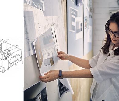 Bildcollage einer Küchenplanerin und einer Küchenskizze