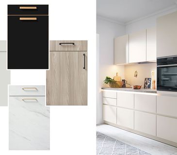 Collage: Moderne Küchenzeile in Beige mit Zusammenstellung verschiedener Küchenfronten.