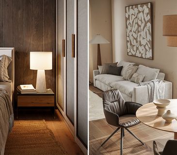 Collage: Schlafzimmer mit beigem Bett vor dunkler Holzwand und offenes Wohnzimmer mit Essbereich in Beige- und Erdtönen.