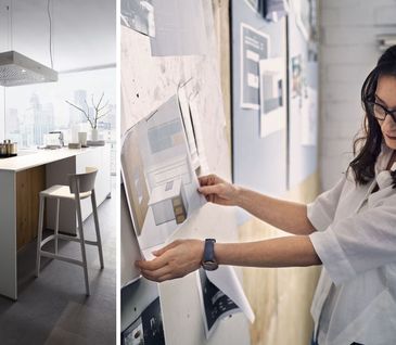Collage aus 2 Bildern: eine weiße Designerküche in Loft und eine Küchendesignerin bei der Planung mit Skizze vor einer Pinnwand