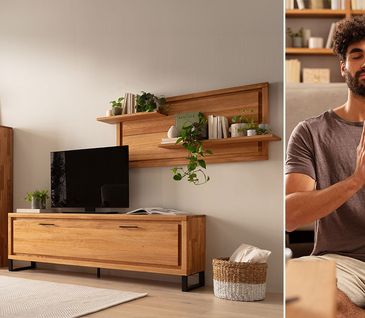 Collage: Gemütliches Wohnzimmer mit Wohnwand aus Massivholz und Mann, der meditiert.