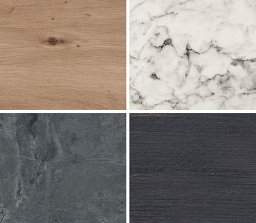 Collage aus Bildern von Marmor, Granit hellem und dunklem Holz