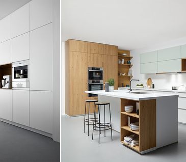 Ein weiße Küche ist eine weiße Küche? Schau' dich mal bei Homepoet um! Collage zweier weißer Küchen, eine puristisch, die andere mit warmen Holzakzenten