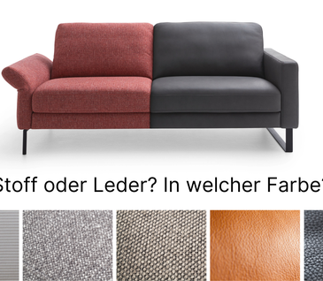 Zweifarbiges Sofa und Collage von Stoff- und Ledermuster, das Konfigurationsauswahl zeigt.