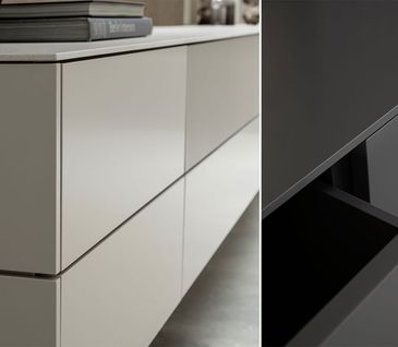 Collage von hochwertigen Sideboards mit grifflosen Schubladen und Türen.