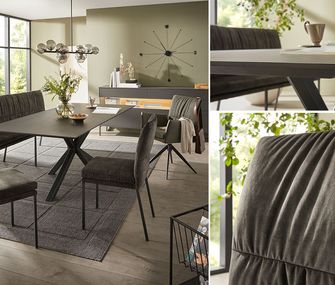 Harmonie und natürliches Ambiente mit grünen Möbeln für Ihr Esszimmer. Esszimmer in dezenten Grüntönen gehalten mit Dunkelgrünen Stühlen, Sitzbank, großem Esstisch und hellgrüner Wand.