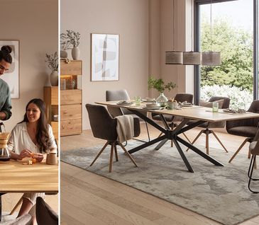 Collage: Pärchen beim gemütlichen Frühstück mit Kaffee und gemütliches Esszimmer mit großem Esstisch und gepolsterten, braunen Esstischstühlen.