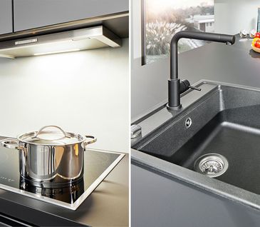 Collage von Ceranfeld mit Topf und Spülbecken in Küche.